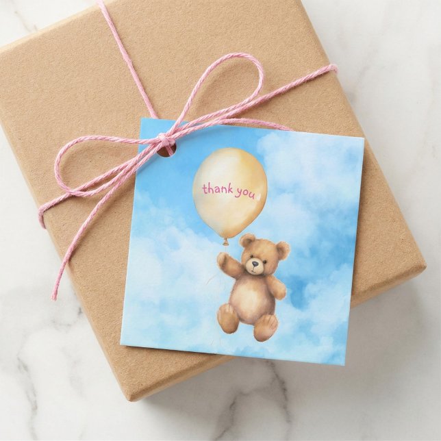 Babydusche dank niedlichem Teddybär pink blau Geschenkanhänger (Baby shower thank cute teddy bear pink in blue sky favor tags.)