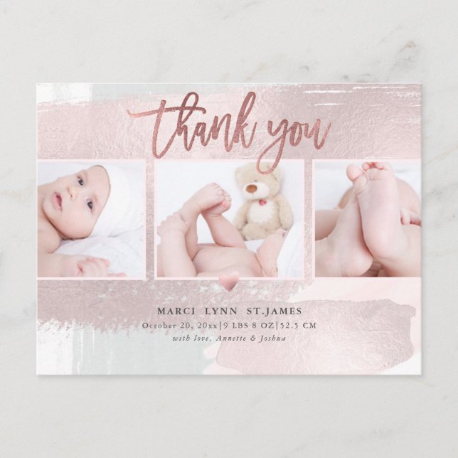 Babydusche Danke Blush Pink Brush Stroke Postkarte (Vorderseite)