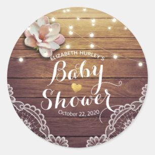Babydusche Danke Chic Floral Lights Wood Lace Runder Aufkleber