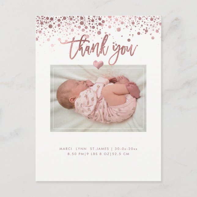 Babydusche Danke / Dazzled Imitats Rose Gold Postkarte (Vorderseite)