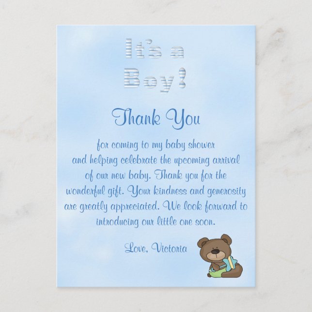 Babydusche Danke, es ist ein Baby Boy Teddy Be Postkarte (Vorderseite)
