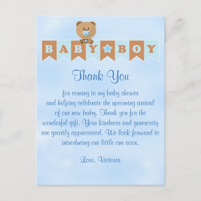 Babydusche Danke, es ist ein Baby Boy Teddy Be Postkarte (Vorderseite)