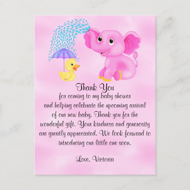 Babydusche Danke Girl Elephant Postkarte (Vorderseite)