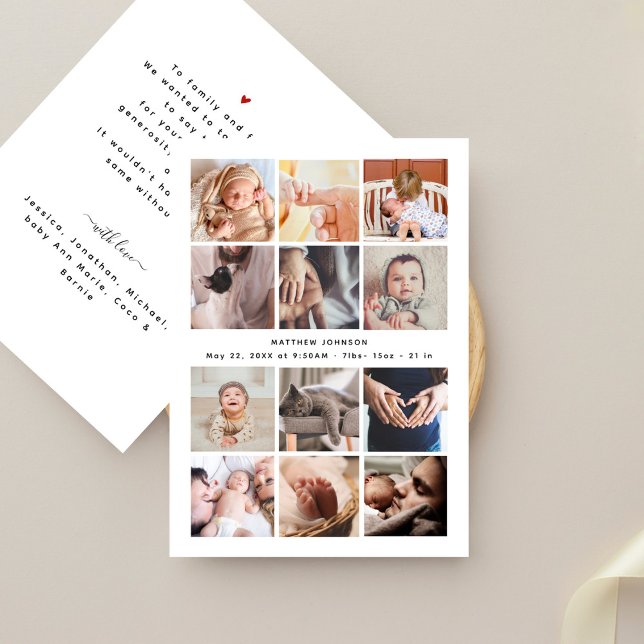 Babydusche Danke Minimalistisch 12 FotoCollage Ankündigung (Von Creator hochgeladen)