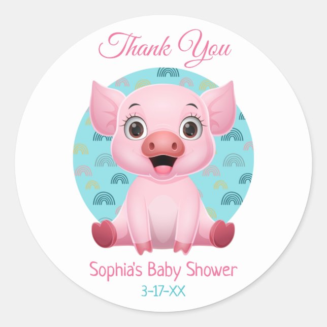 Babydusche Danke, Niedliches Schwein, Name & Info Runder Aufkleber (Vorderseite)