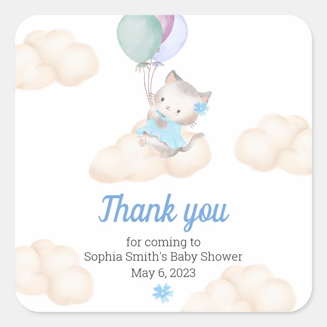 Babydusche Danke Whimsical Floating Kitten Quadratischer Aufkleber (Vorderseite)