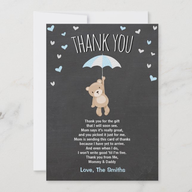 Babydusche Dankeschön Card Teddy Bear Blue Cub Boy Dankeskarte (Vorderseite)