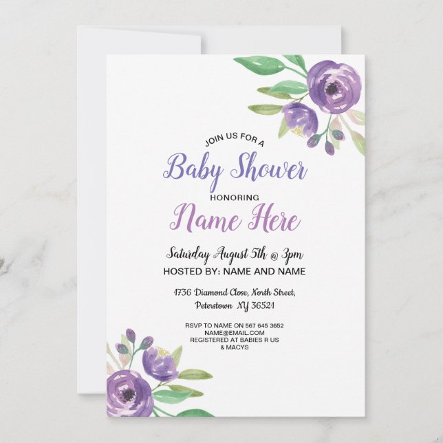 Babydusche Einladende Lila Blume Floral Lilac Einladung (Vorderseite)