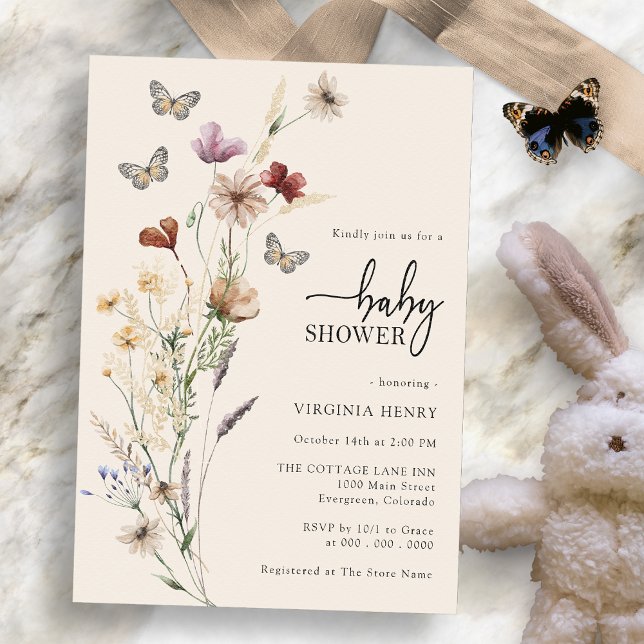 Babydusche Einladung (Boho Wildflower Butterfly Baby Shower Invitation by Painted Paperie
)