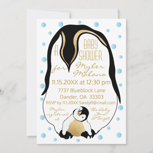 Babydusche Einladung Blue Baby & Mommy Pinguine (Vorderseite)