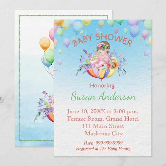 Babydusche Einladung mit Baby in Schirm (Vorne/Hinten)