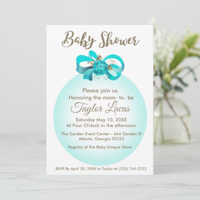 Babydusche Einladung mit Blue Balloon & Bow (Stehend Vorderseite)