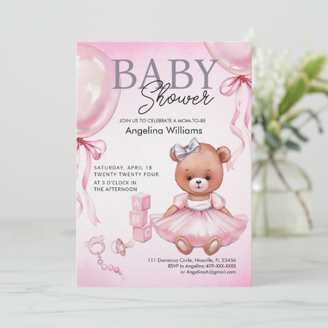 Babydusche Einladung mit Teddybär. (Stehend Vorderseite)