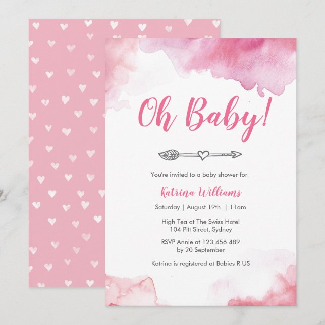 Babydusche Einladung Rosa Wasserfarbenpfeil (Vorne/Hinten)