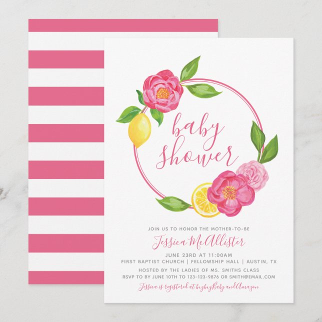 Babydusche Einladung Sommer Zitrus Floral Stripe (Vorne/Hinten)
