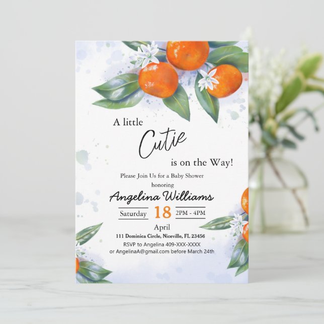 Babydusche Einladungen mit Mandarine (Stehend Vorderseite)