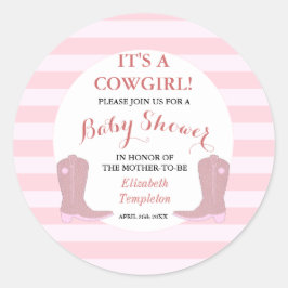Babydusche Einladungs-Aufkleber Es ist ein Cowgirl Runder Aufkleber