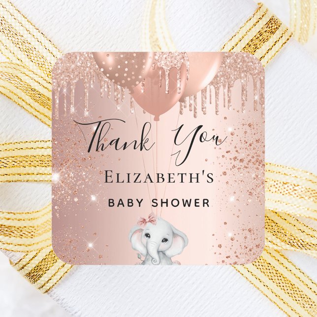 Babydusche Elefant Rose Gold Glitzer Ballons Quadratischer Aufkleber (Von Creator hochgeladen)
