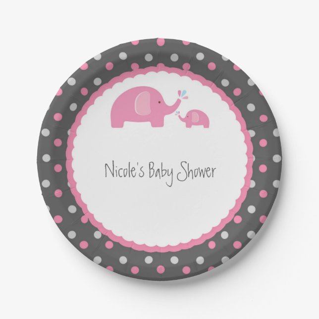 Babydusche Elefanten Rosa Grau & Weiß Pappteller (Vorderseite)