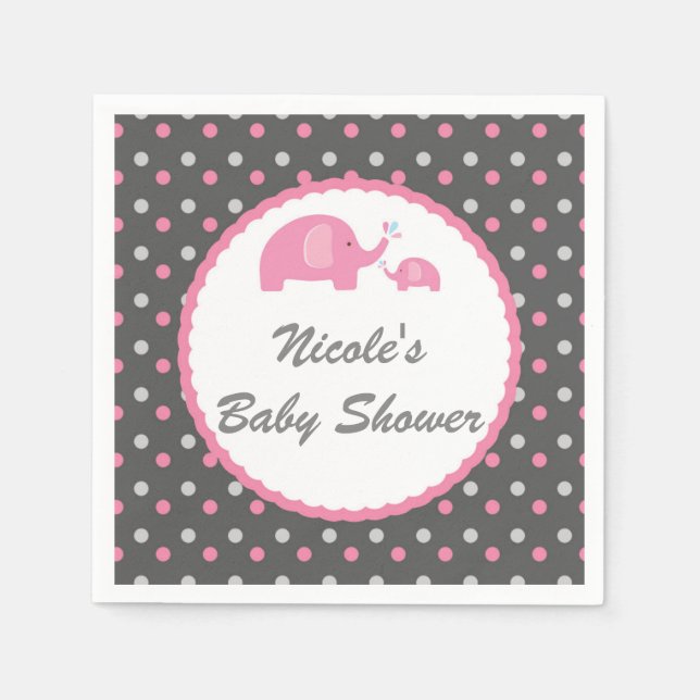 Babydusche Elefanten Rosa Grau & Weiß Serviette (Vorderseite)