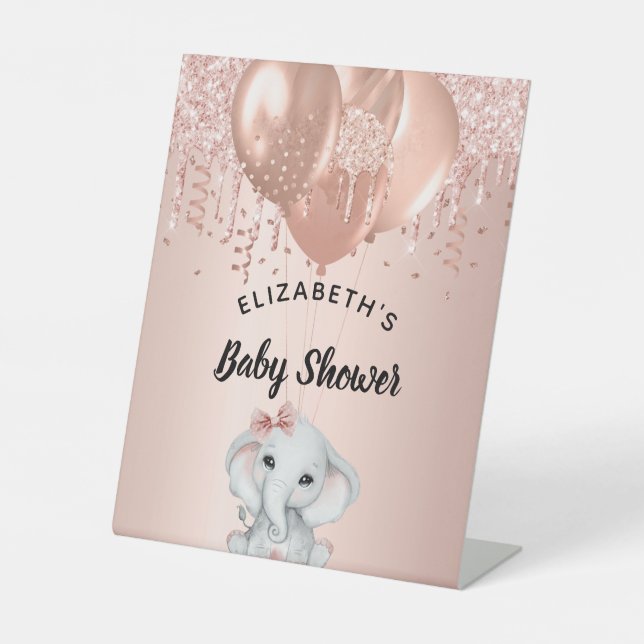 Babydusche Elefanten Rose Goldballons Sockelschild (Vorderseite)