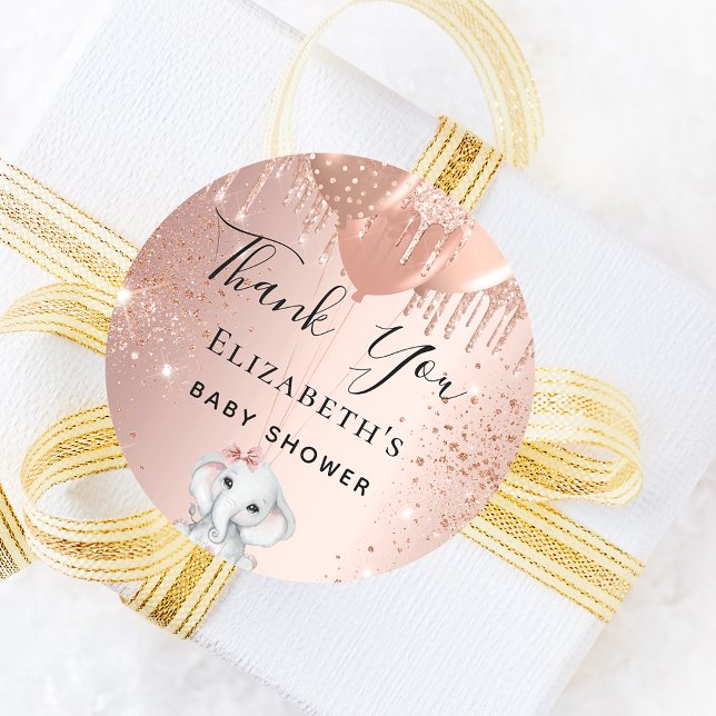Babydusche Elefantenmädchen Rose Gold Glitzer Dank Runder Aufkleber (Von Creator hochgeladen)