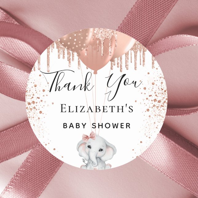 Babydusche Elefantenmädchen Rose Gold Glitzer Dank Runder Aufkleber (Von Creator hochgeladen)