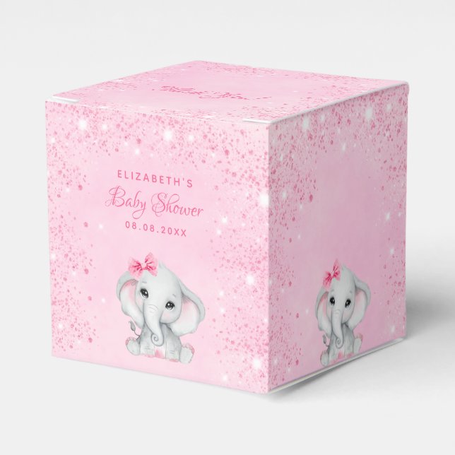 Babydusche Elefantenpink Glitzer Mädchenname Geschenkschachtel (Vorderseite)
