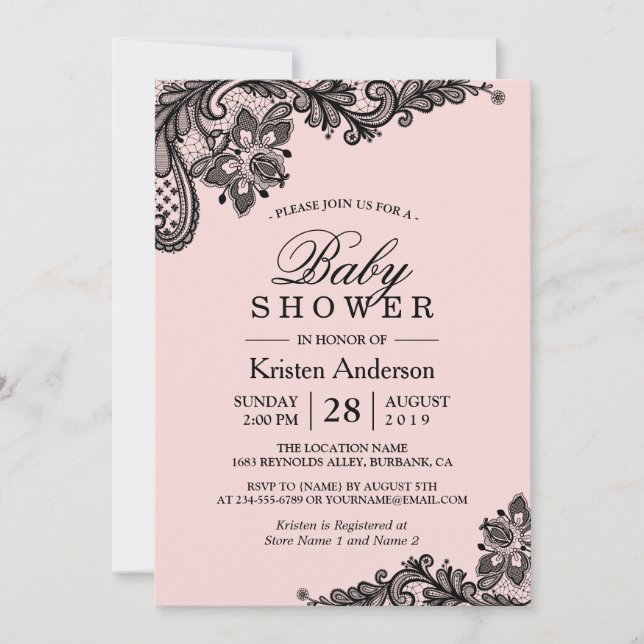 Babydusche Elegant Rosa Schwarze Schnürsenkel Einladung (Vorderseite)