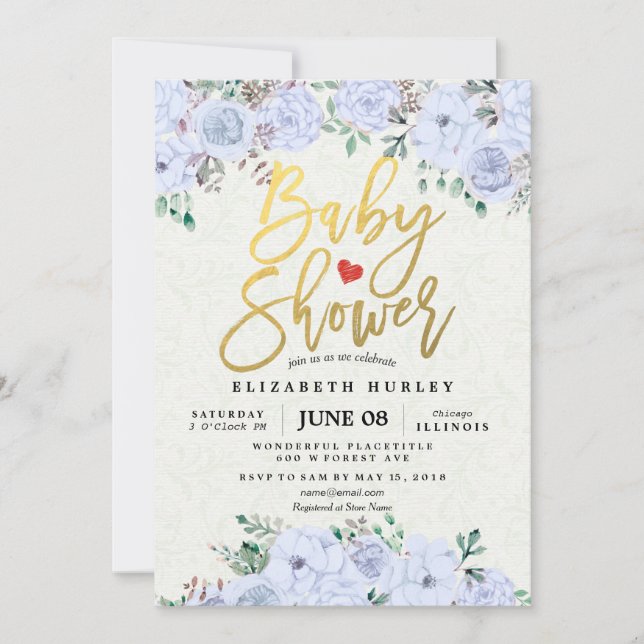 Babydusche Elegante Aquarell Blütenschrift Gold Sc Einladung (Vorderseite)