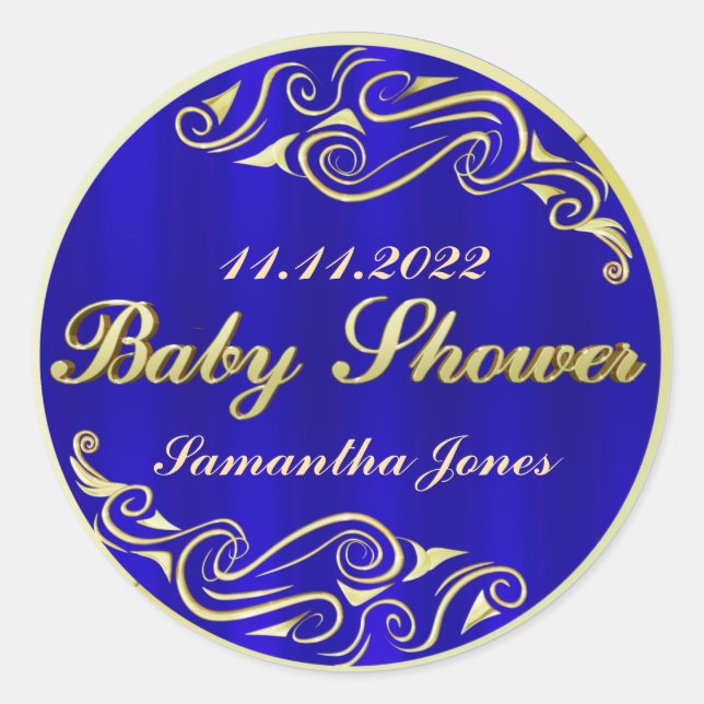 Babydusche Elegante Regal Golden Blue Runder Aufkleber (Vorderseite)