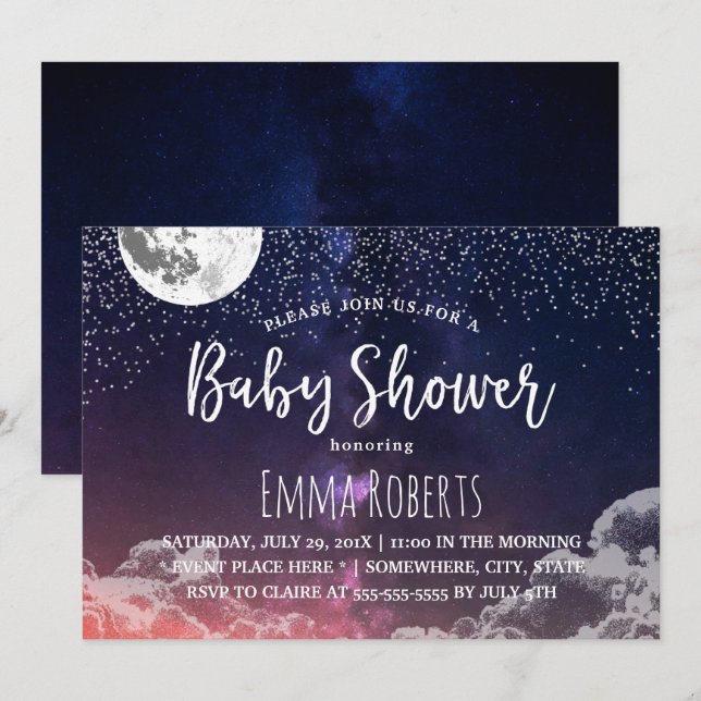 Babydusche Eleganter Mond & Stars Night #2 Einladung (Vorne/Hinten)