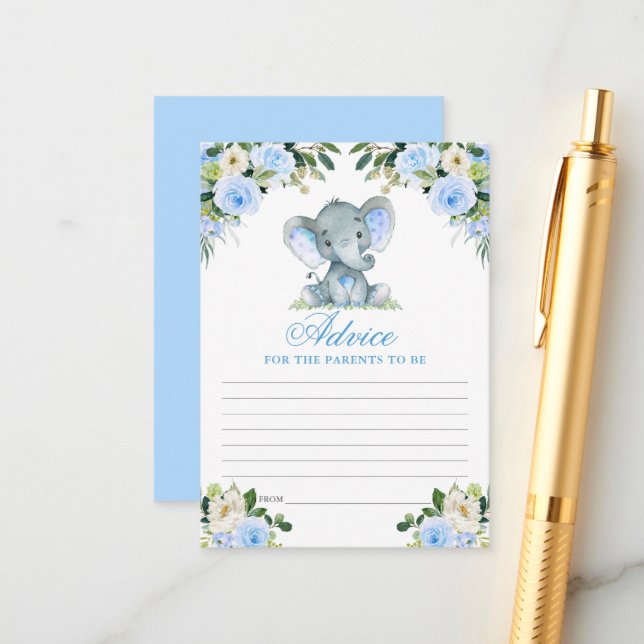 Babydusche Elephant Blue Floral Advice Begleitkarte (Vorderseite/Rückseite Beispiel)