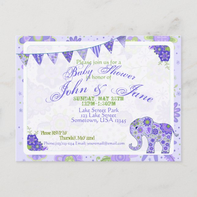 Babydusche Elephant Blume Lila Einladungspostkarte (Vorderseite)