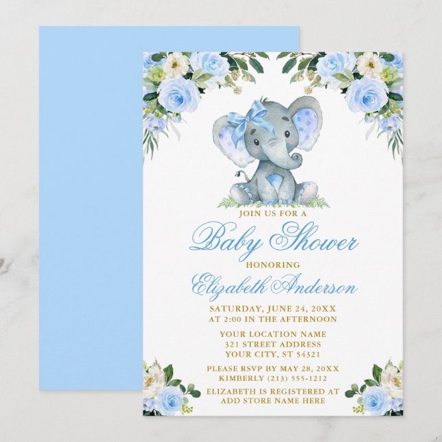 Babydusche Elephant Bow Blue Floral Gold Einladung (Vorne/Hinten)