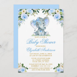 Babydusche Elephant Bow Blue Floral Gold Einladung