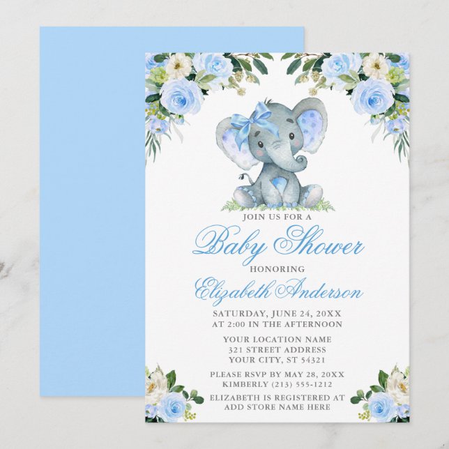 Babydusche Elephant Bow Blue Floral Silver Einladung (Vorne/Hinten)