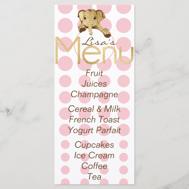Babydusche Elephant Gold Pink Menükarte (Vorderseite)