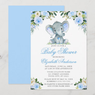 Babydusche Elephant Watercolor Blue Floral Silver Einladung