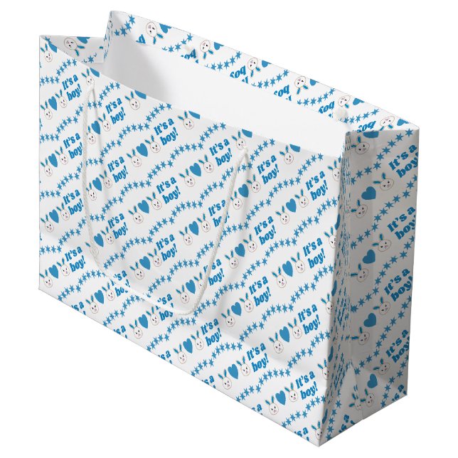 Babydusche Es ist ein Boy Blue Rabbit große Gesche Große Geschenktüte (Vorderseite Schrägansicht)