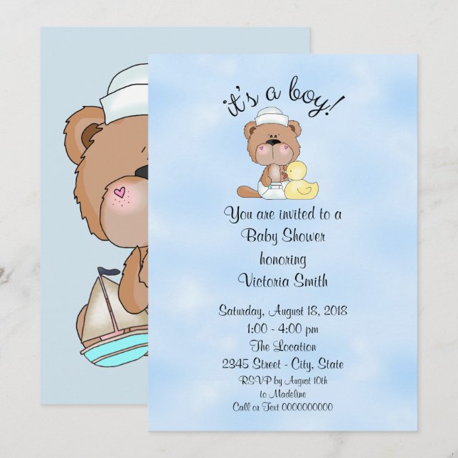 Babydusche Es ist ein Boy Teddy Bear Einladung (Vorne/Hinten)