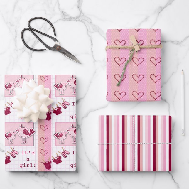 Babydusche Es ist eine Girl Pink Birds Geschenkpapier Set (Vorderseite)