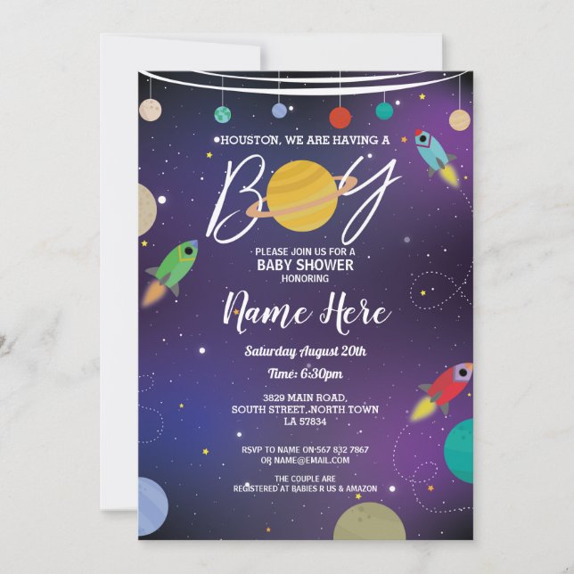 Babydusche Es ist eine Junge-Galaxy-Party-Rakete Einladung (Vorderseite)