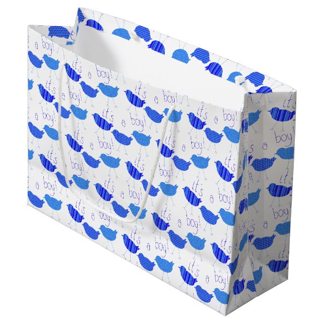 Babydusche Es ist eine junge Gemusterte Blauvögel Große Geschenktüte (Vorderseite Schrägansicht)