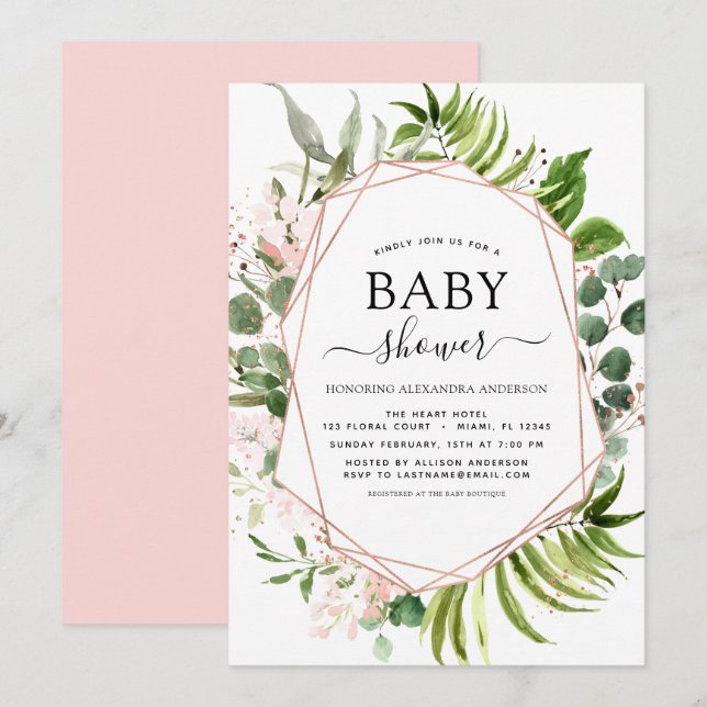 Babydusche Eucalyptus Botanical Geometric Einladung (Vorne/Hinten)