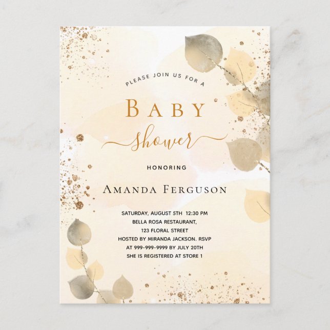 Babydusche eucalyptus Glitzer Goldfall Einladungspostkarte (Vorderseite)