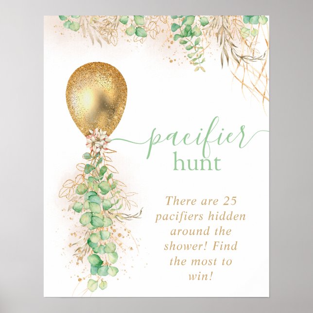Babydusche Eucalyptus Gold Ballon Schnuller Jagen Poster (Vorne)