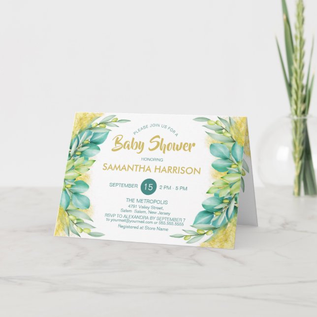 Babydusche Eukalyptus-Blätter Windelwindeln 2 in 1 Einladung (Vorderseite)
