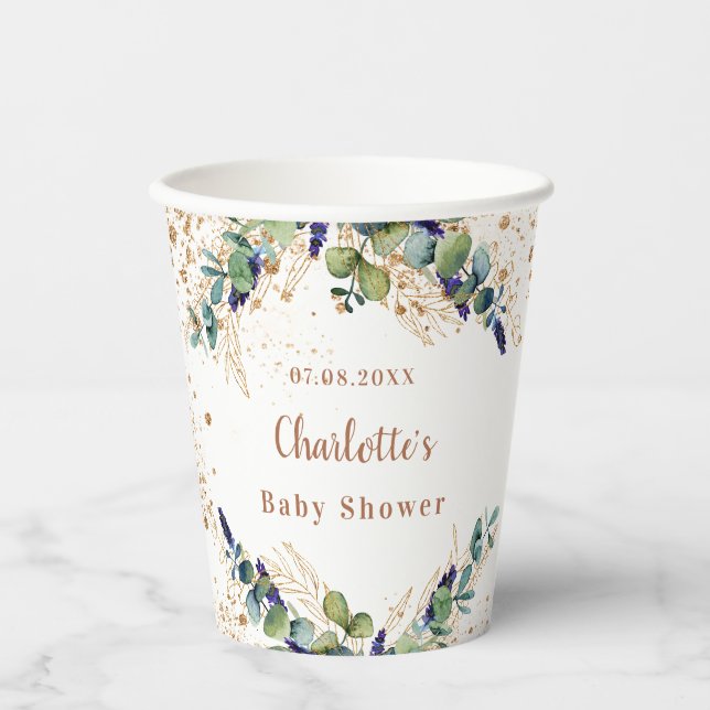 Babydusche Eukalyptusgrün Glitzer Monogramm Pappbecher (Vorderseite)
