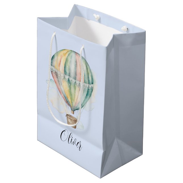 Babydusche, farbenfrohe Wasserfarbe Heißluftballon Mittlere Geschenktüte (Vorderseite Schrägansicht)